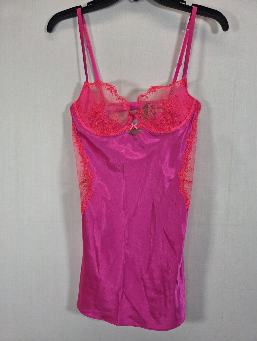 NWT Victoria's Secret Hot Pink Satin Lace Underwire Slip Lingerie Chemise 34C
